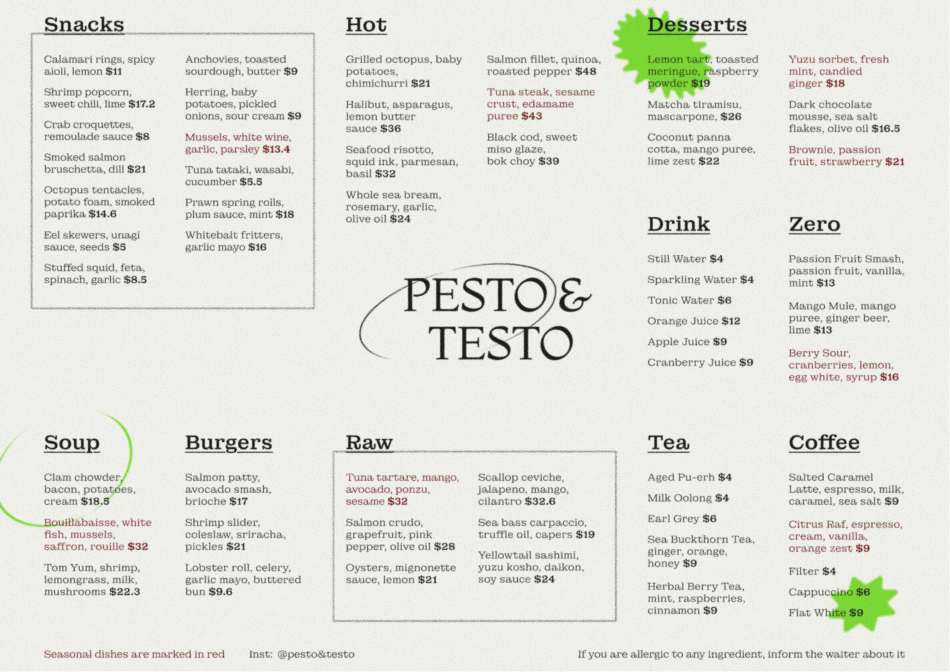 Дизайн меню Pesto и Testo, основные разделы